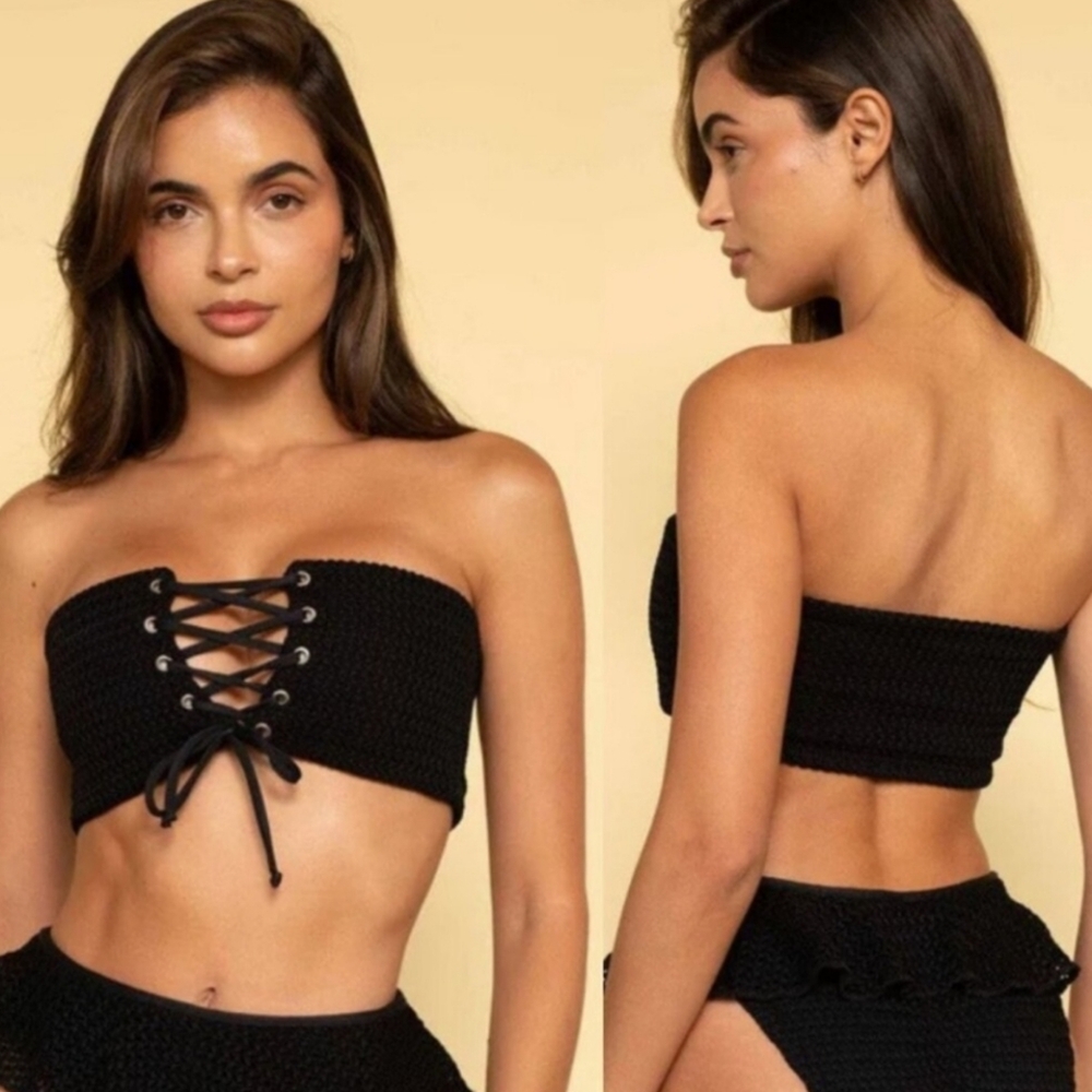 New!Montce Black Crochet Corset Lace-Up Bandeau Bikini Top
